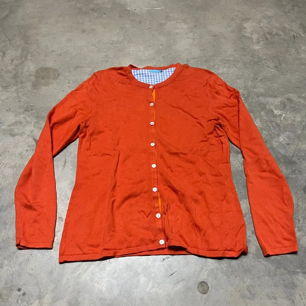 J.McLaughlin Womens Orange Cotton Modal Blend Gingham Trim Cardigan Sweater L